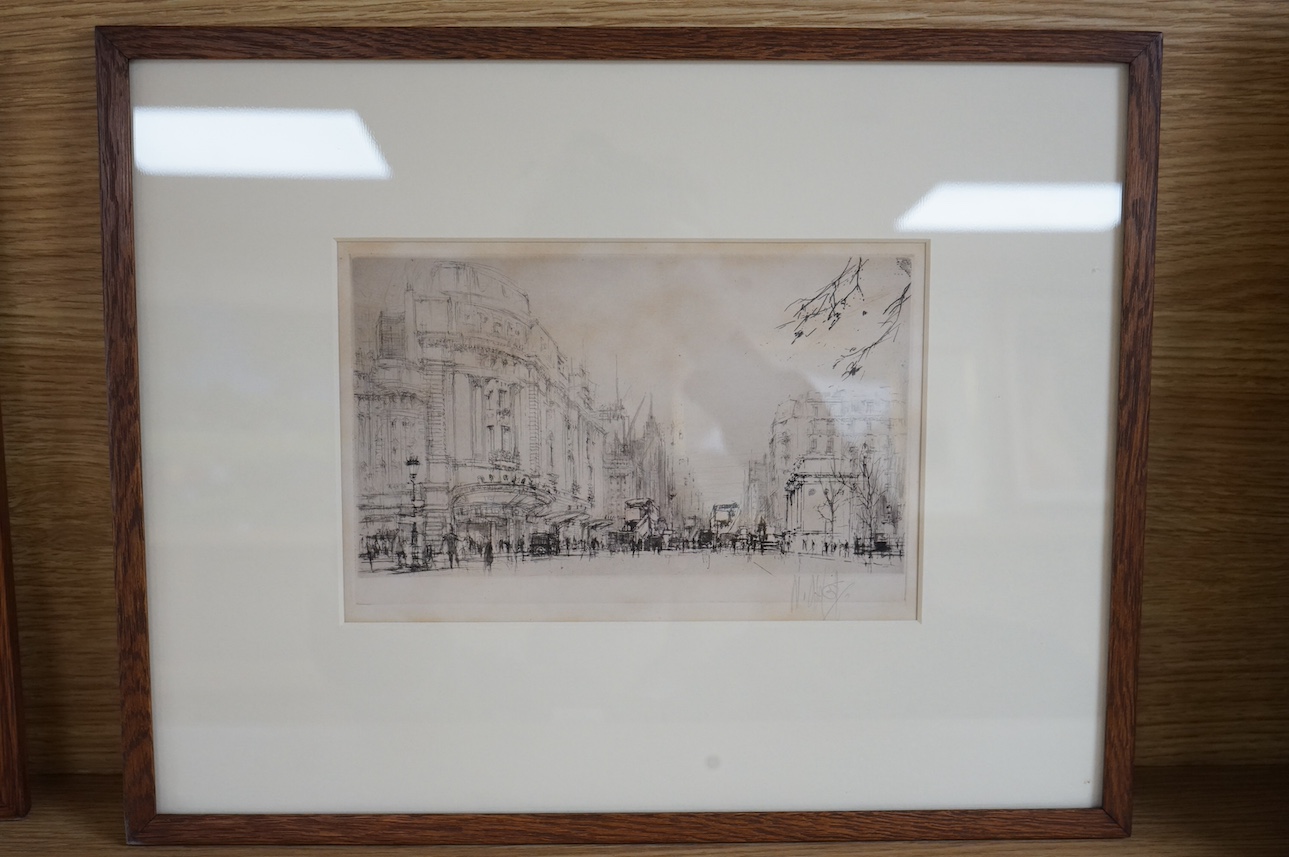 William Walcot (1874-1943), two etchings, comprising; London street scene and St Martin in the Fields, London, each signed in pencil, 15 x 22cm. Condition - some staining